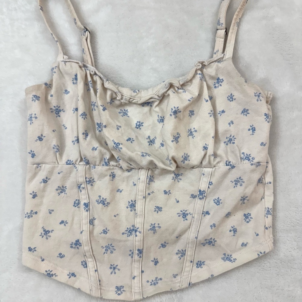 Hollister Floral Cream and Blue Corset-Style Crop Top Women’s XS